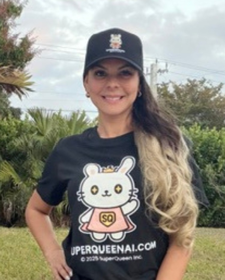 Michele Bauer Gharib in a SuperQueen cap and shirt